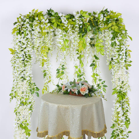 Lvydec Wisteria Artificial Flowers Garland, 4Pcs Total 28.8ft White Silk Hanging Flower for Home Garden
