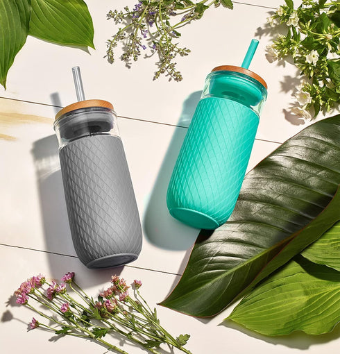 Ello Devon 18oz Glass Tumbler with Straw, Bamboo Wood Lid and Silicone Sleeve, Perfect for Iced Coffee
