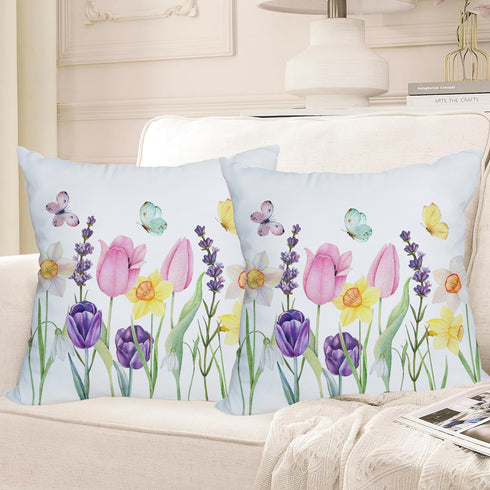 2 Pack Waterproof Spring Floral Pillow Covers 16x16 Inch Pink Tulip Flower Lavender Butterfly Throw Pillow Covers Outdoor Spring Summer Farmhouse Decorations Cushion Case Double Sided by Fukeen