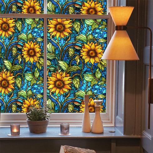 Sunflower Stained Glass Window Film, Non Adhesive Privacy Film for Bathroom Shower Door, Heat Anti UV, 17.7"x39.5"