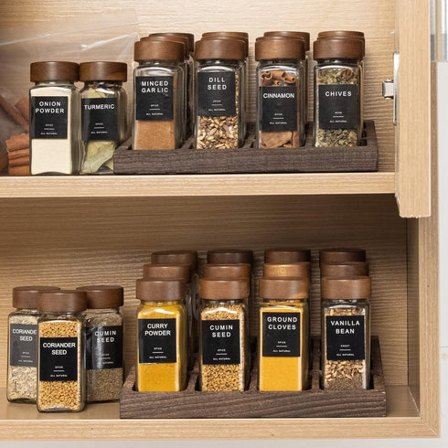 Yangbaga 12Pcs Glass Spice Jars with Labels - 4oz Empty Square Bottles with Acacia Wood Lid & Shaker Lids