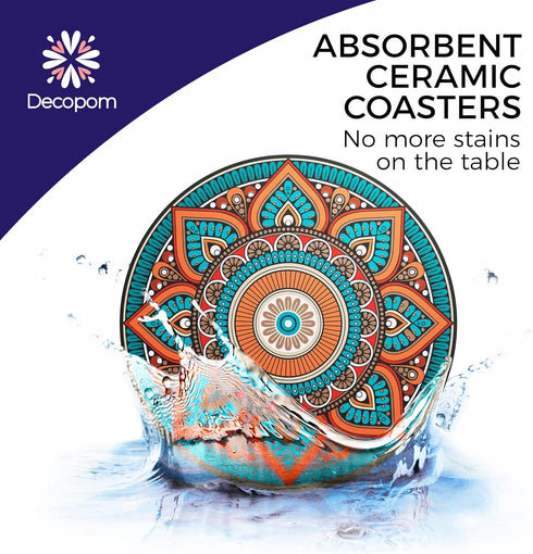 8 Set Mandala Drink Coasters with Holder - Ceramic Boho Coaster for Drinks Absorbent with Cork Base and Black Holder