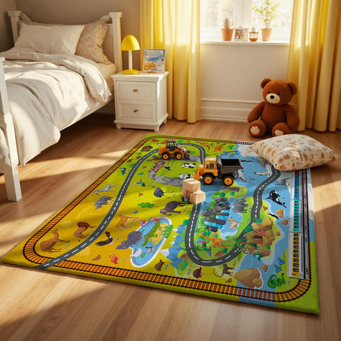 5x7ft Nayoroom Wildlife Park Play Rug - Kids Carpet with Animals Words Design, Non-Slip Faux Wool Educational Rug