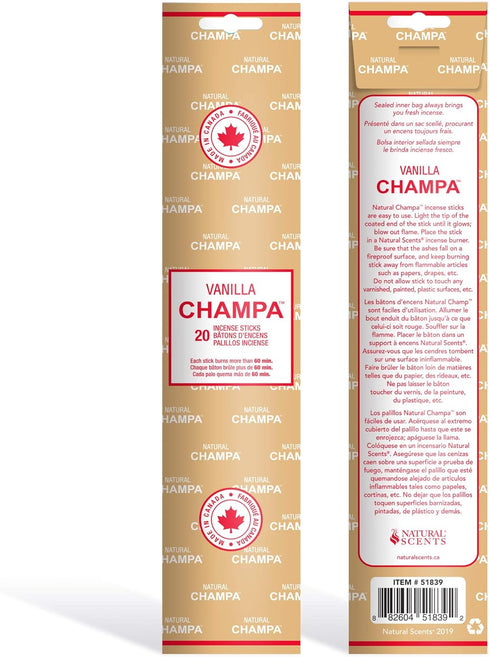 Vanilla Champa Incense Sticks Pack of 20, 11" Long Lasting Aroma Stick for Environmental Scenting