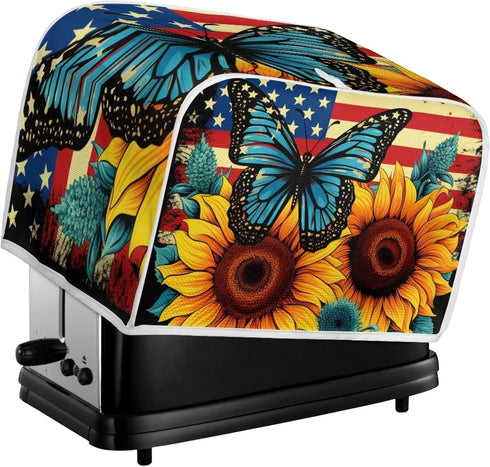 Sunflower Butterfly Print Toaster Cover, 2 Slice, Washable American Flag Kitchen Appliance Protector, Anti-dust Bread