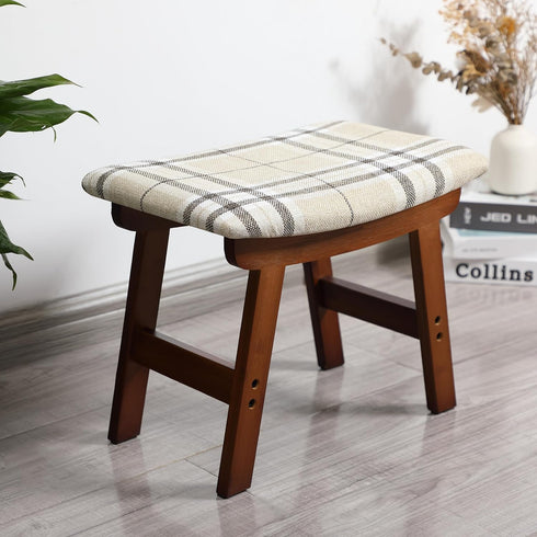 Bamboo Footrest Ottoman with Beige Striped Cushion and Brown Legs - Small Size