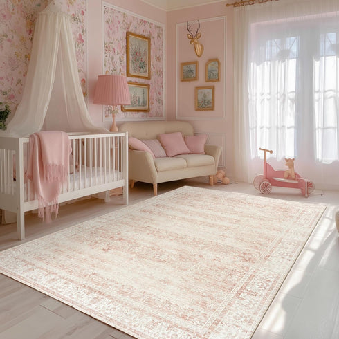 5 7 Playroom,5x7 Pink Nursery Rug for Baby Girl x Neutral Blush Pink Boho Cute Floral Foldable Machine Washable Low