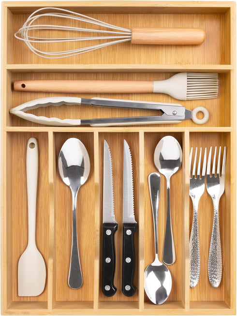 Bellsal 12.5 Inch Natural Utensil Organizer for Drawer, Bamboo Cutlery Holder with 7 Compartments