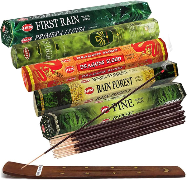 Hem Incense Sticks Variety Pack #12 with 5 Forest Themed Fragrances and Incense Stick Holder Bundle