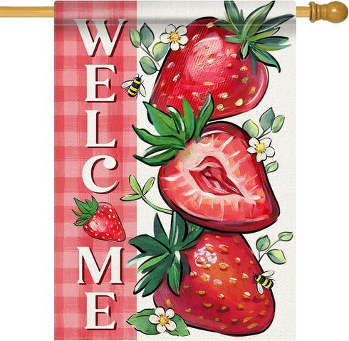 Welcome Spring Summer Strawberry Decorative House Flag, 28 x 40; Red Fruit Plaid Check Farmhouse Garden Yard Outside