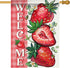 Welcome Spring Summer Strawberry Decorative House Flag, 28 x 40; Red Fruit Plaid Check Farmhouse Garden Yard Outside