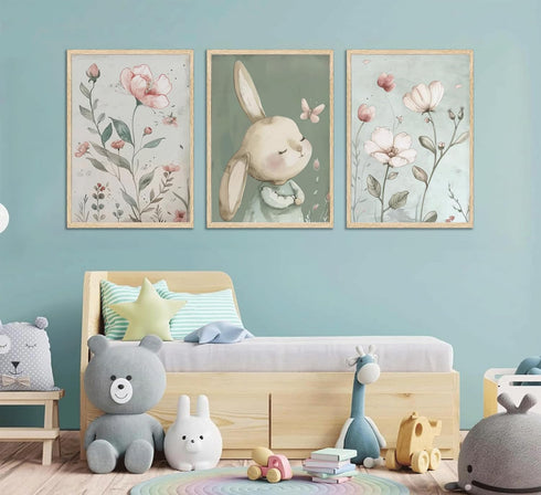 PPJ 3Pcs Nursery Bunny Wall Art Cute Rabbit Botanical Flowers Wall Decor Green Nursery Pictures Posters Girl Bedroom