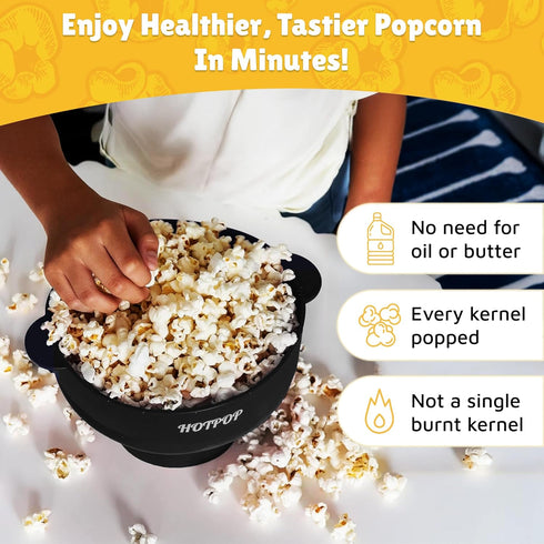 Popco Silicone Popcorn Maker, Microwave Popcorn Popper with Handles, Collapsible Bowl, 15-Cup Capacity (Black)