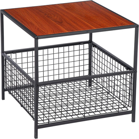 Nouva 20 Inch 2-Tier End Table, Square Side Table w/Mesh Storage Basket, Nightstand Storage Shelf Metal Frame
