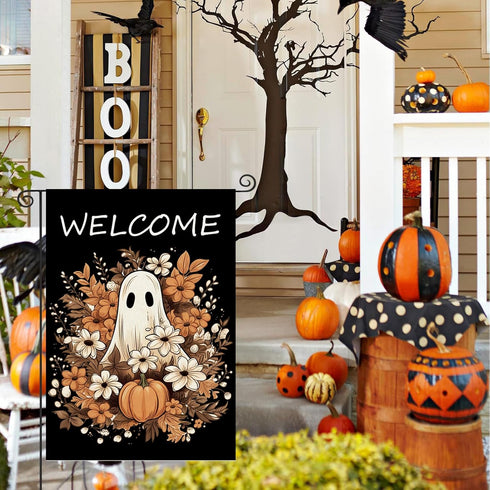 Welcome Fall Garden Flag Ghost Pumpkin 12×18 Inch Double Sided Burlap Flag for Outdoor Halloween Decor