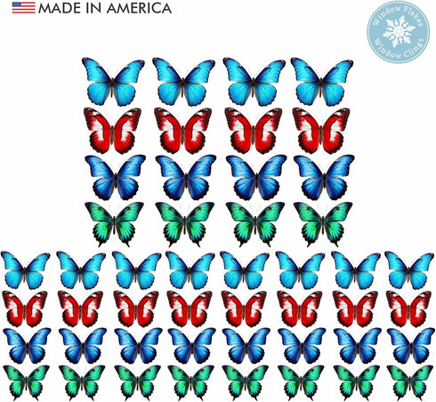 Butterfly Window Clings (36 pcs) - Large Decals for Glass, Blue, Red, Orange, Teal, Decorative, Reusable, Indoor Use