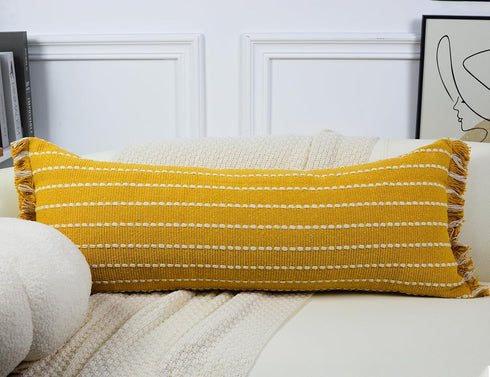 14 36,Clasic Decorative Farmhouse Extra Long Lumbar Throw Pillow Cover x Striped Textured Cotton Boho Long Body Pillow