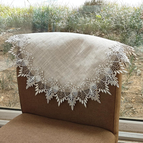 60cm*60cm Polyester Round Doily, Beige Table Cover with Lace Trim, Coffee Table Topper Table Decor Tablecloth