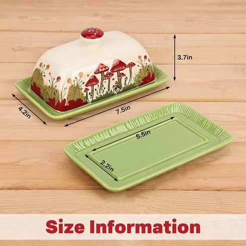 Mushroom Butter Dish With Lid For Countertop Ceramic Butterdish, Red Mushroom Butter Container, Butter Tray Large Butter Dish Covered (White & Red Mushroom Butter Dish)