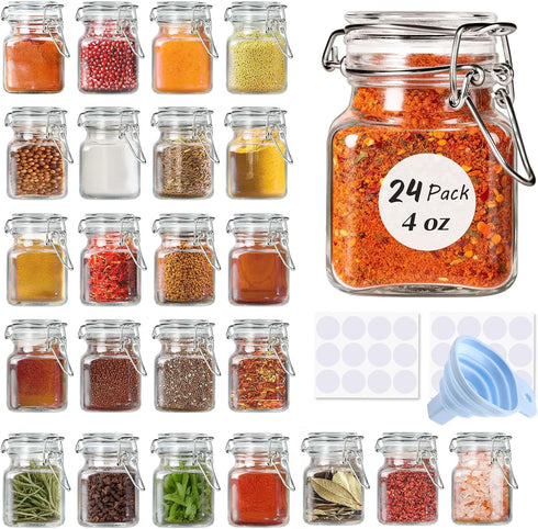 SPANLA Spice Jars, 24 Pack 4oz Small Glass Jars with Airtight Hinged
