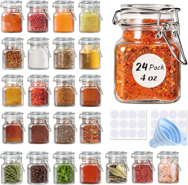 SPANLA Spice Jars, 24 Pack 4oz Small Glass Jars with Airtight Hinged