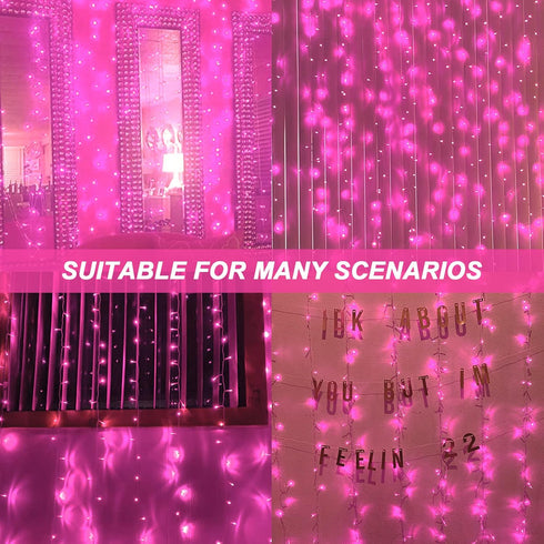 Curtain Lights, Pink LED String Lights, 8 Modes for Garden, Teen Girls' Room, Party and Window Decor