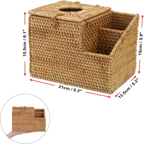 Sumnacon Tissue Box Square Cover with Storage, Rattan Holder with 2 Side Organizer for Bathroom Living Room