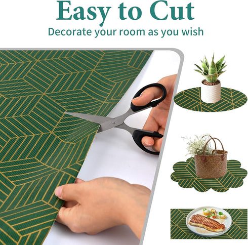 Shelf Liners for Kitchen Cabinets 17.5in x 20FT, Non-Adhesive Strong Non-Slip Thickened Gold Green Geometric Drawer