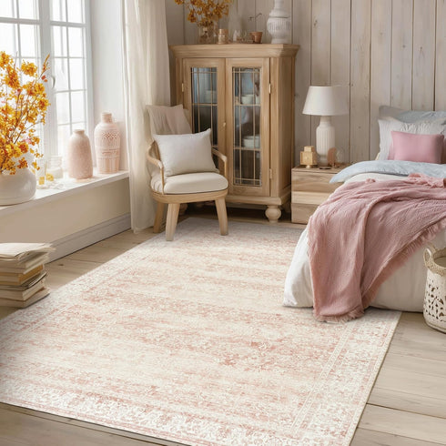 5 7 Playroom,5x7 Pink Nursery Rug for Baby Girl x Neutral Blush Pink Boho Cute Floral Foldable Machine Washable Low