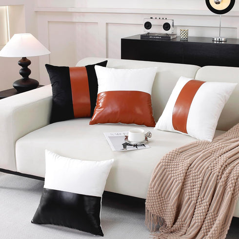 TAOSON Pack 2 18 18 Inch of Velvet Decorative Throw Pillow Covers White Patchwork with Black Striped Leather Pillow