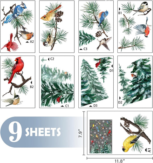 Mfault 187 PCS Winter Birds Pine Tree Branch Window Clings 9 Sheets, Xmas Red Cardinal Blue Chickadee Wall Stickers Decal Decorations, 2024 New Year Christmas Holiday Living Room Home Kitchen Decor