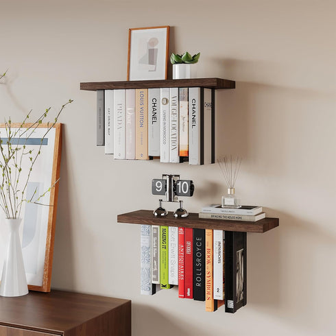 2 Pack Floating Bookshelves for Wall, Rustic Wood Hanging Wall Bookshelf, Upside Down Book Shelf and Wall Mounted
