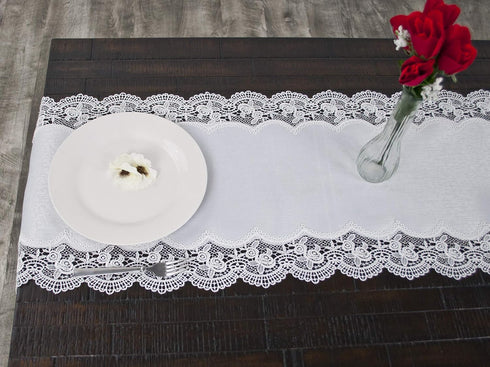 White Royal Rose European Antique Lace Jacquard Table Runner, Dresser Scarf (16Wx36L)