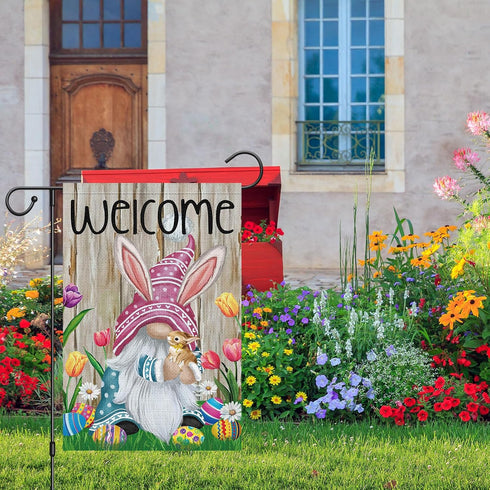 Welcome Easter Gnome Garden Flag 12x18 Double Sided Burlap, Funny Bunny Floral Small Yard Flag for Easter Holiday
