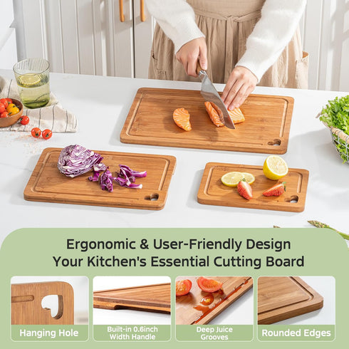 Kitchen(Set 3), Bamboo Cutting Boards for of Wood Cutting Board with Wood Storage Stand, Charcuterie & Chopping Board