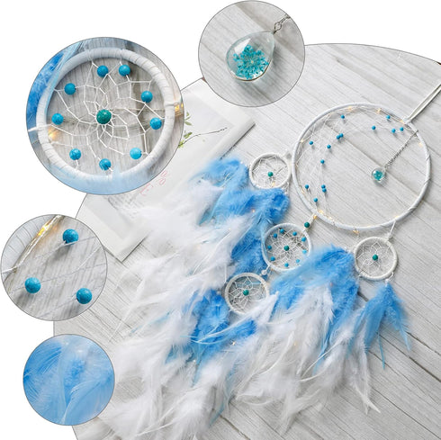 KHOYIME LED Light Up Dream Catcher Half Circle Moon Decor with Lights, Handmade Feather Dreamcatchers for Bedroom (Blue)