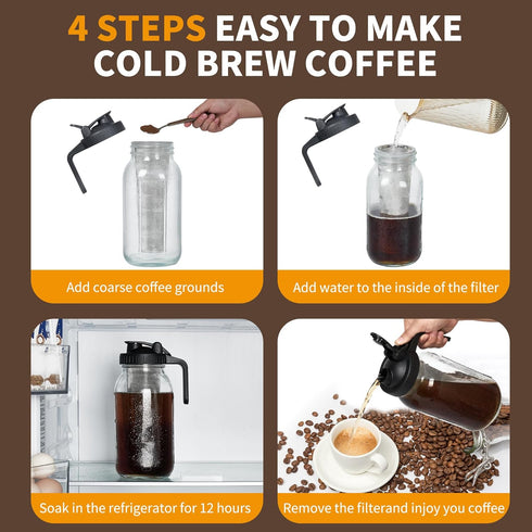 Cold Brew Coffee Maker Pitcher, 32oz Thick Glass Mason Jar with Spout Lid, Stainless Steel Filter for Iced Brew Coffee