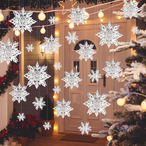 12PCS Snowflake Christmas Decorations, 3D Large Silver Paper Snowflakes Garland for Winter Wonderland Christmas Party