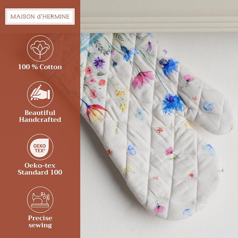 Maison d' Hermine 100% Cotton Oven Gloves - 7" x 13", Heat Resistant, BBQ Cooking Gloves, Flower in The Field