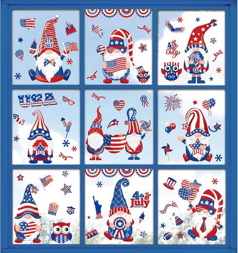 138Pcs Patriotic Window Clings, 4th of July Gnome American Flag Firework Decals, Red Blue Star Stripe Double-Sided PVC
