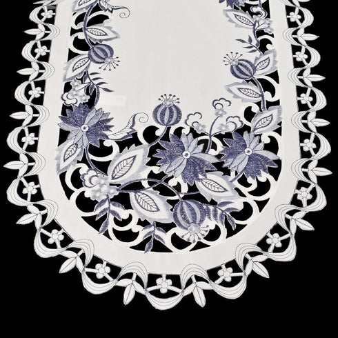 Embroidered Delft Blue Onion Flower Table Runner - Dresser Scarf, Doily (15Wx34L)