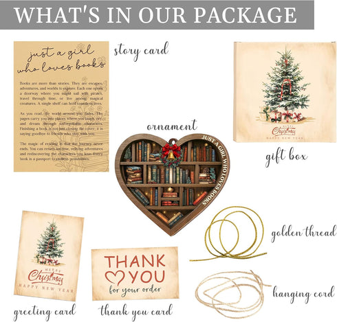 2025, Book Christmas Ornament Wooden Bookshelf Book Lovers Gifts Christmas Tree Decor, Just A Girl Who Loves Books