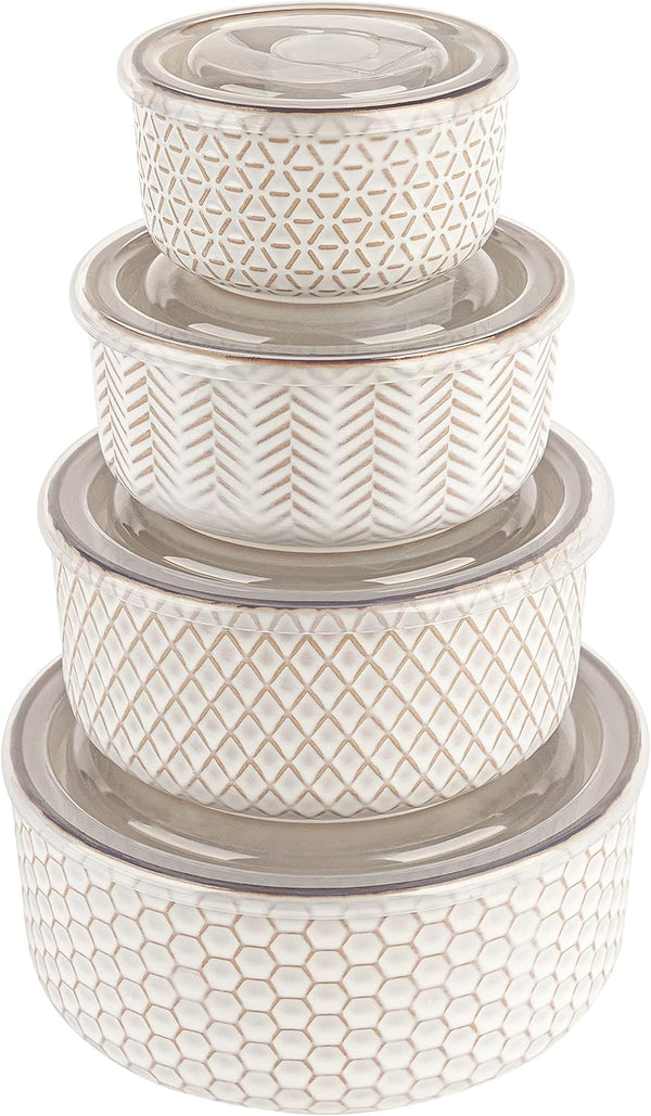 KooK Ceramic Nesting Bowls with Lids, Embossed Food Storage Containers, Set of 4, Ivory