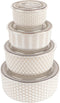 KooK Ceramic Nesting Bowls with Lids, Embossed Food Storage Containers, Set of 4, Ivory