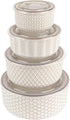 KooK Ceramic Nesting Bowls with Lids, Embossed Food Storage Containers, Set of 4, Ivory