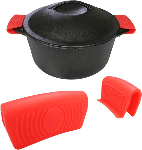Silicone Hot Handle Holder (2-Pack) for Cast Iron Woks, Pots, Dutch Ovens, Small Skillets, Red Potholders