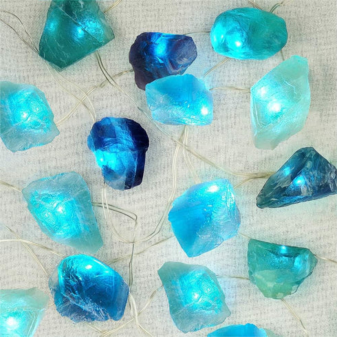 BOHON Natural Fluorite String Lights, Battery Operated with Remote, Sea Glass Raw Stones Decorative Lights 6.5ft 20