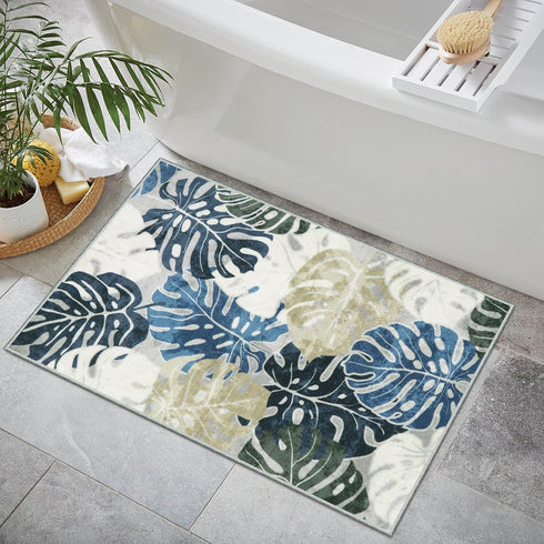 2x3 Wonnitar Kitchen Sink Rug, Machine Washable Blue Bathroom Leaf Rugs, Monstera Coastal Non-Skid Bedside Accent Mat