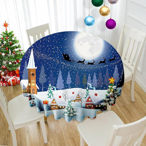 VVA Round Christmas Tablecloth - Winter Snowman Xmas Tree Santa Sleigh Holiday Decor 50 Inch for Family Gatherings