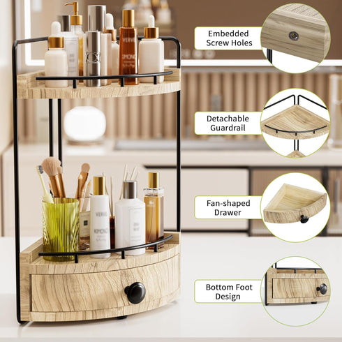 Aollewoiti 2-Tier Counter Countertop Counter Corner Bathroom Organizer with Drawer & Embedded Screw Holes - Wooden